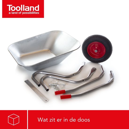 Toolland Kruiwagen, 85 liter, bouwpakket, ideaal voor het transport van uiteenlopende materialen, robuust en roestbestendig, eenvoudige montage, gegalvaniseerd staal, pneumatisch wiel, 12 kg