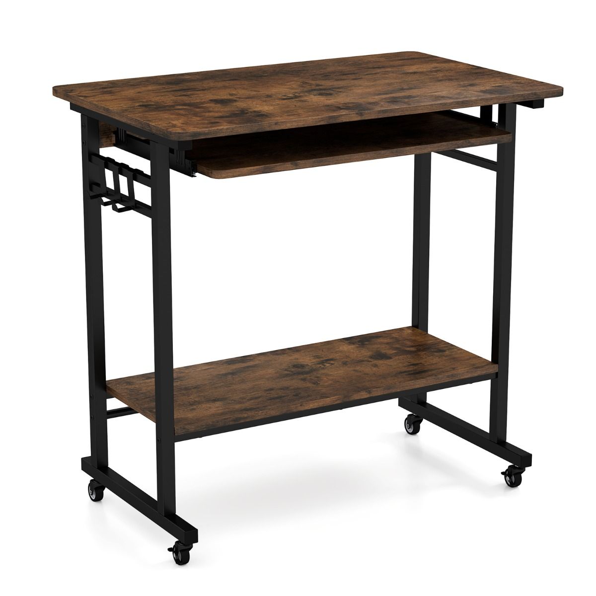 Coast Computertafel op wieltjes - met toetsenbordplank en opbergrek - vintage bruin - 80 x 50 x 78 cm