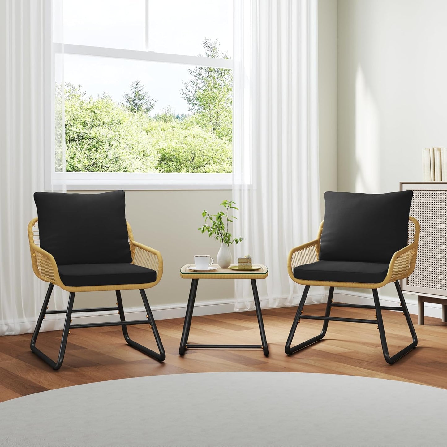 Yaheetech 3-delige Bistroset Tuin - Beige/Zwart - Rotan Tuinset met Glazen Tafel en 2 Stoelen