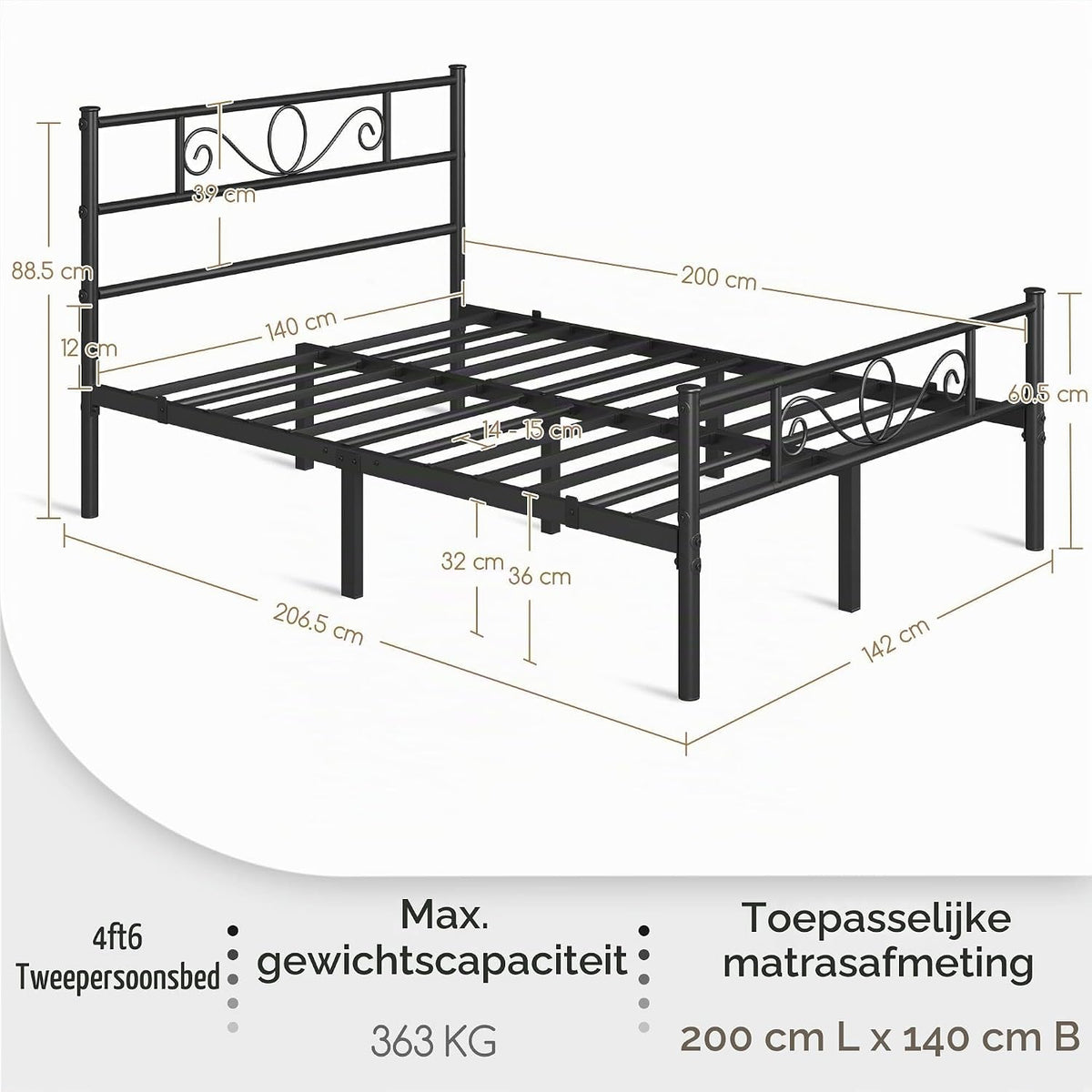 Yaheetech Metalen Tweepersoonsbed 140 x 200 cm - Zwart Bedframe - Met Lattenbodem