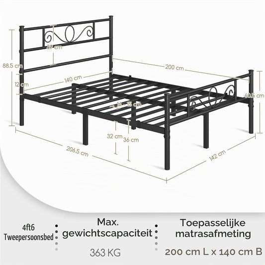 Yaheetech Metalen Tweepersoonsbed 140 x 200 cm - Zwart Bedframe - Met Lattenbodem