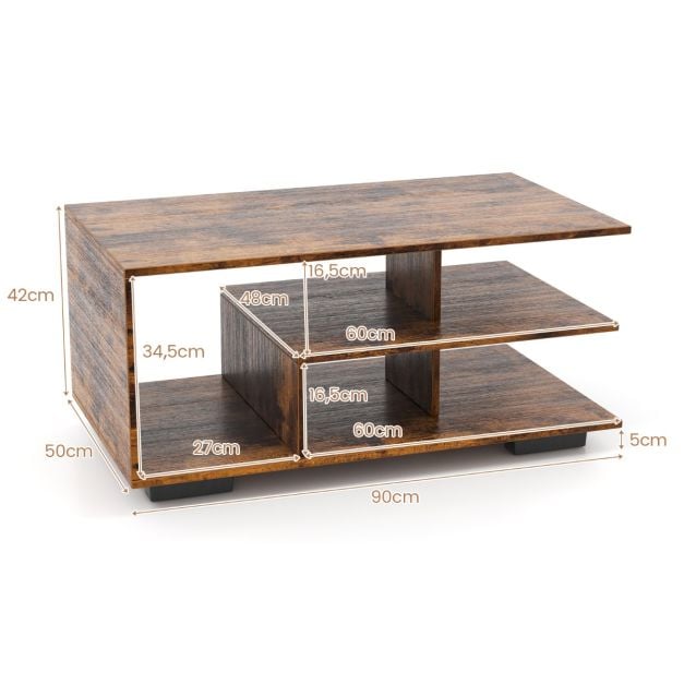 Coast Salontafel met 3 Niveaus – 90 x 50 x 42 cm – Naturel/Wit of Rustiek Bruin