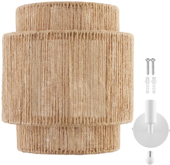 tectake® Wandlamp Lignea Lux - 40W - 12 x 23 x 25,5 cm - E14 - Muurlamp voor Woonkamer, Slaapkamer, Eetkamer - Jute Lamp in Boho Stijl - Trapverlichting - Halfrond