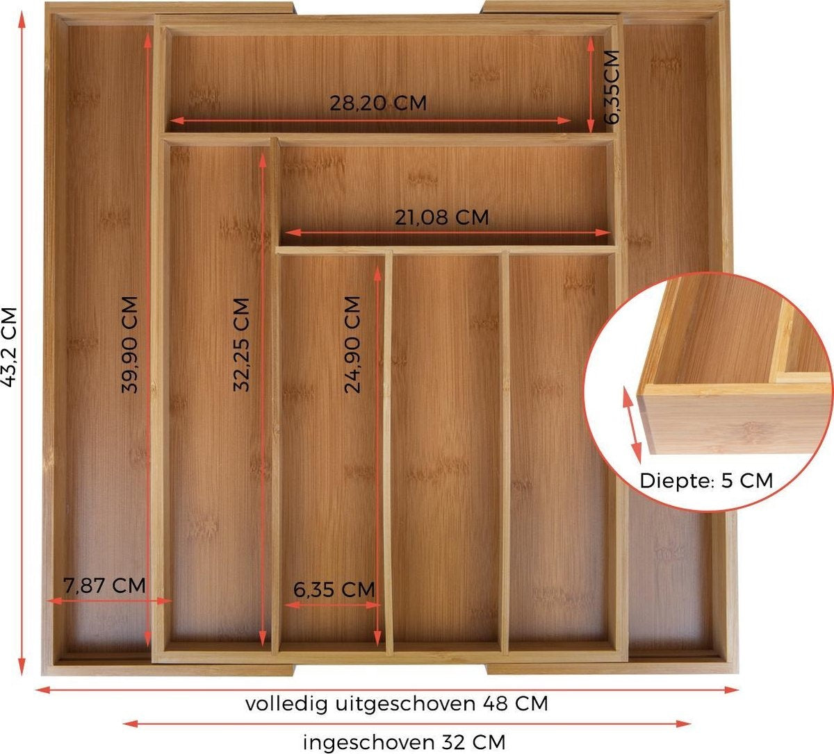 KitchenBrothers Bestekbak - Verstelbare Besteklade - 30 tot 44.5cm - Bamboehout