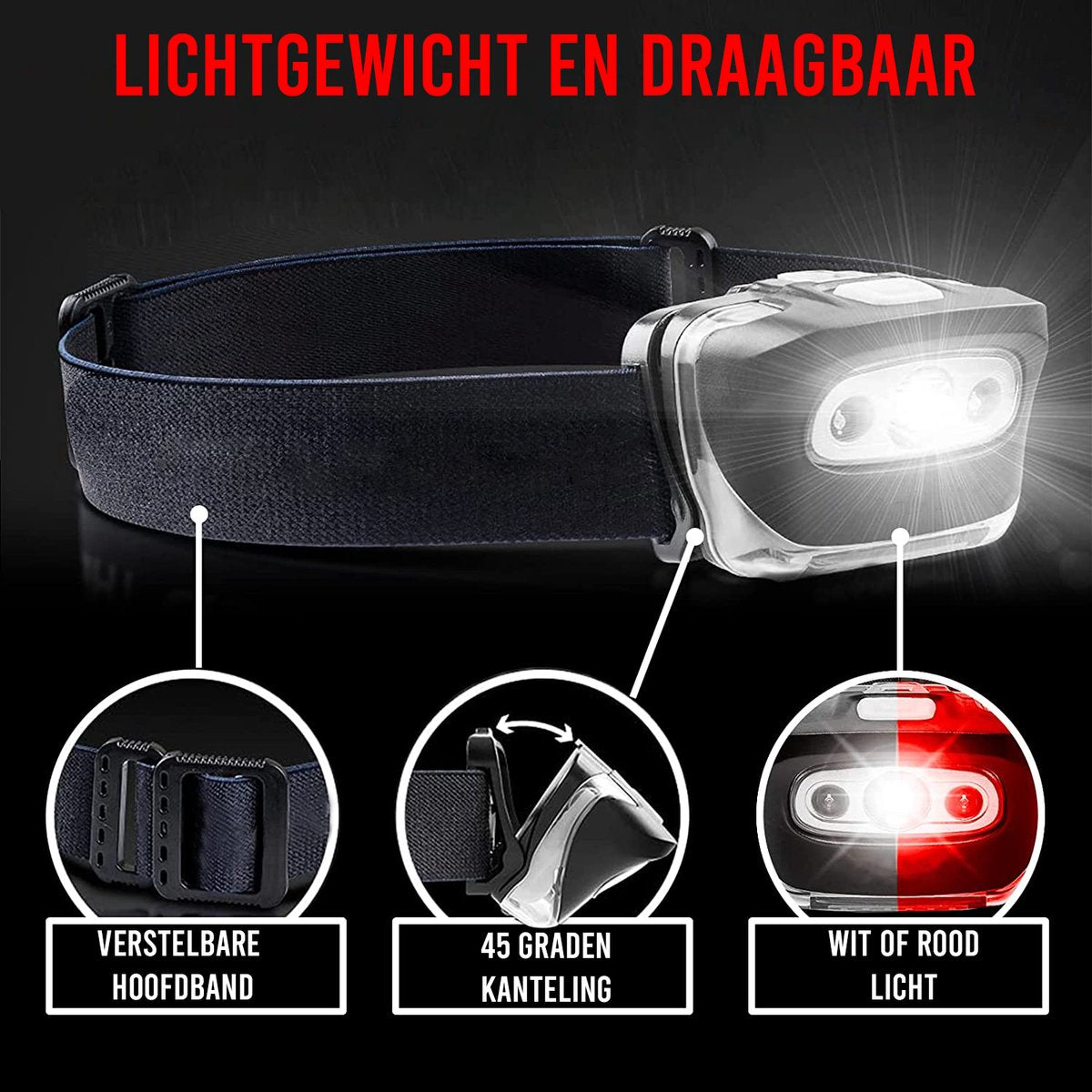 Podec® Militaire Hoofdlamp – IPX4 Waterdicht – Lichtgewicht LED Hoofdlamp met Wit & Rood Licht – 7 Lichtstanden – Verstelbaar – Outdoor & Survival – 50m Bereik