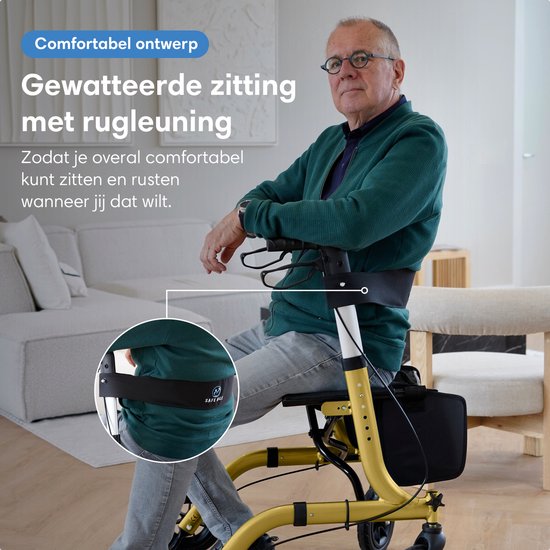 Safe Life® Rollator lichtgewicht en opvouwbaar - zitfunctie - voor binnen en buiten - Rugleuning en wandelstok houder - Goud