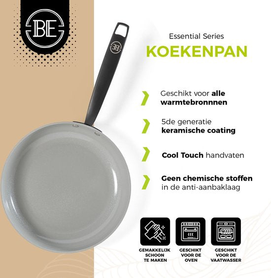 BE Living Essential Koekenpan - Ø 20 cm - Keramisch - PFAS vrij - Inductie - Grijs