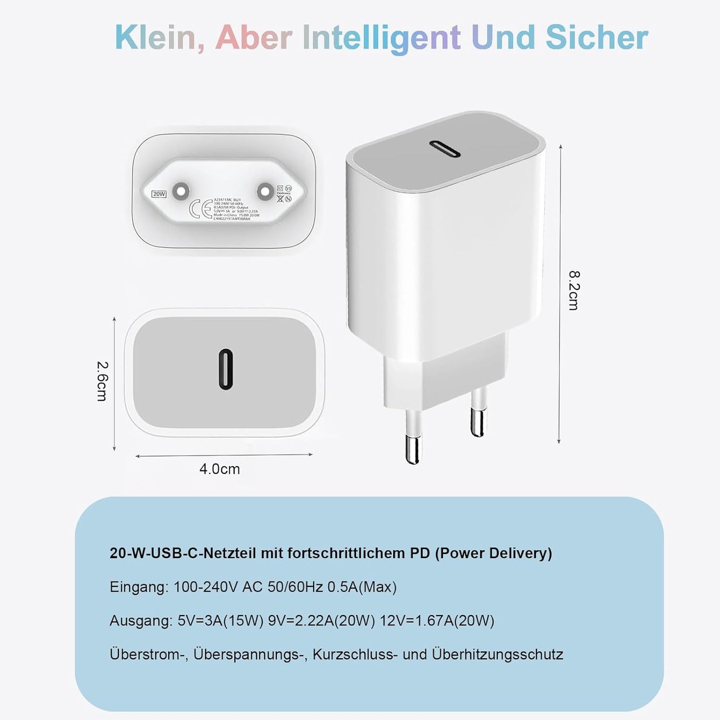 20W USB‑C Power Adapter voor Apple, USB-C Voedingsadapter Plug Snellader Lader Plug Lader voor iPhone 16 15 14 13 12 11/15 14 Pro/15 14 Pro Max/15 13 Plus /12 Pro Max/Mini, iPad, AirPods, Samsung