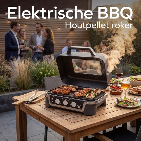 KitchenBrothers Elektrische BBQ en Smoker - Tafelmodel voor Balkon - 90°C tot 250°C - 2600W - Tafel BBQ - Met Kijkvenster