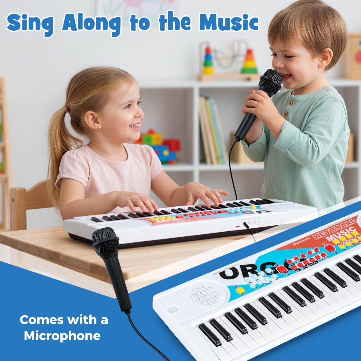 Coast Kinderkeyboard - 49 toetsen - draagbaar elektrisch keyboard - 8 ritmes - wit