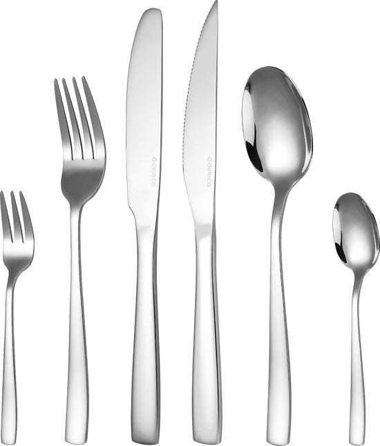 Deleca 6 Persoons Bestekset Essential (36-delig) - Lepels, Messen, Vorken, Steakmessen & Gebaksvorkjes - Vaatwasserbestendig Bestek - Glanzend Zilver / Edelstaal