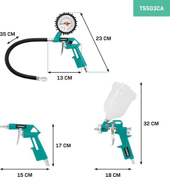 VONROC Luchtgereedschapset - 4-delig - Bandenpomp, luchtpistool, verfspuit en 5m spiraalslang - Universele EURO/DIN 7.2mm koppeling