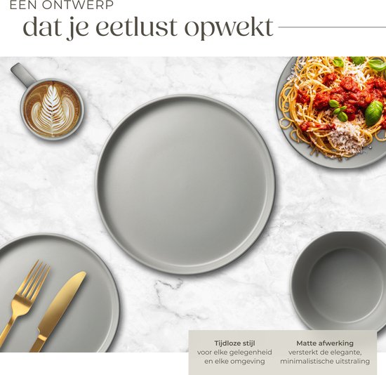 tectake® Serviesset Una - 30-delig - Aardewerk - 6 Persoons - Stijlvol en Duurzaam Servies - Bordenset met Grote en Kleine Borden, Kommen, Schaaltjes - Kopjes - Grijs