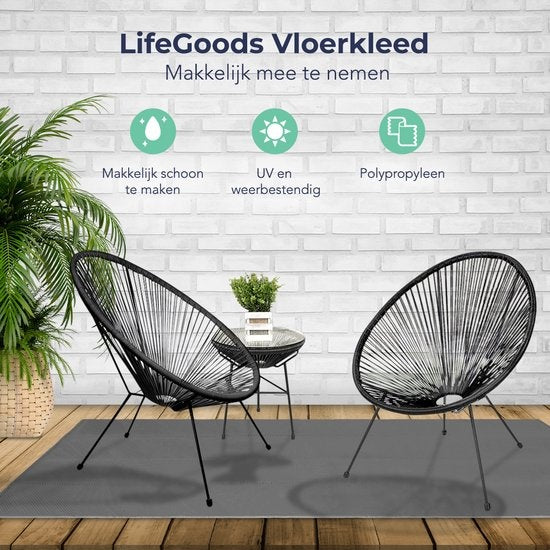 LifeGoods Buitenkleed - 120x180CM - Vloerkleed - Tuintapijt - Incl. Draagtas - Grijs
