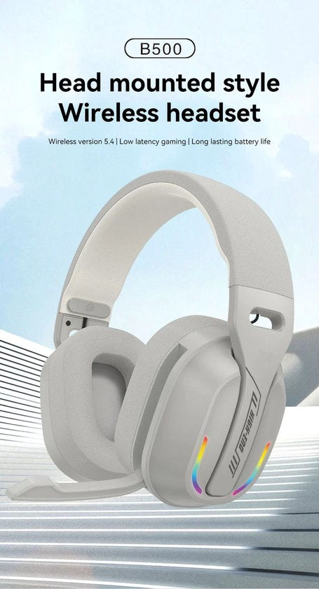 Ntech B500 Draadloze gaming headset met microfoon - Bluetooth 5.4 en 2,4 GHz - RGB - Wit
