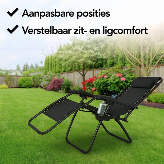 Brixy Opvouwbare Tuinstoelen set van 2 - Ligstoelen - Opvouwbaar - Verstelbaar - Ergonomisch Hoofdkussen - Metaal - Textileen - Zwart