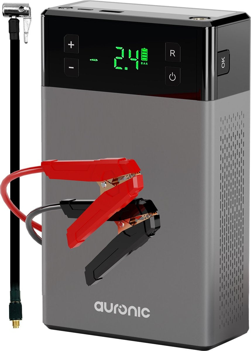 Auronic 12V Jumpstarter  Startondersteuning voor Auto's - Met Compressor en Bandenpomp - 1200A - 3L Diesel 6L Benzine - Zwart/Grijs