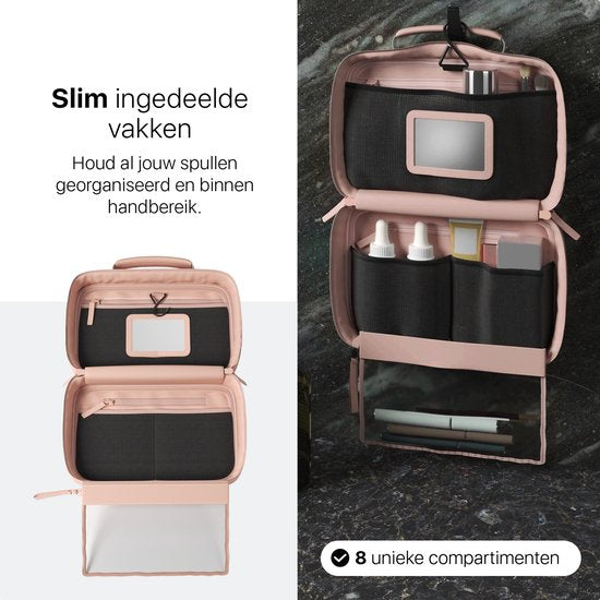ONYX Toilettas Roze - Make Up Tasje - Cosmetica Organizer - Slimme Indeling - Make-Up Spiegel - Hangbaar - Dames en Heren - Maat: M