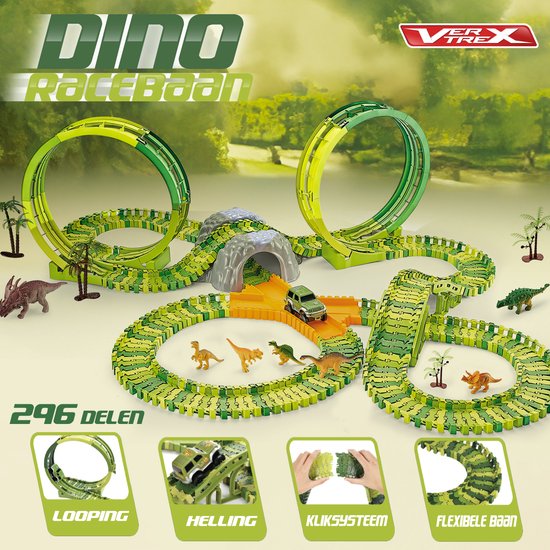 Vertrex 260-delige Dinosaurus Racebaan XXL - Dino Speelgoed - Met 2x Zelfrijdende Safari Auto
