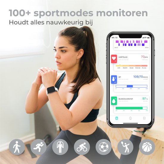 Nuvance - Smartwatch Heren & Dames met Bluetooth - IP68 Waterdicht - Geschikt voor alle Smartphones - Stappenteller en Hartslagmeter - Zilver