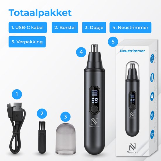 Nuvance Neustrimmer - Oplaadbaar & Afspoelbaar - Neushaartrimmers - Oortrimmer - Mannen & Vrouwen - USB C - Zwart
