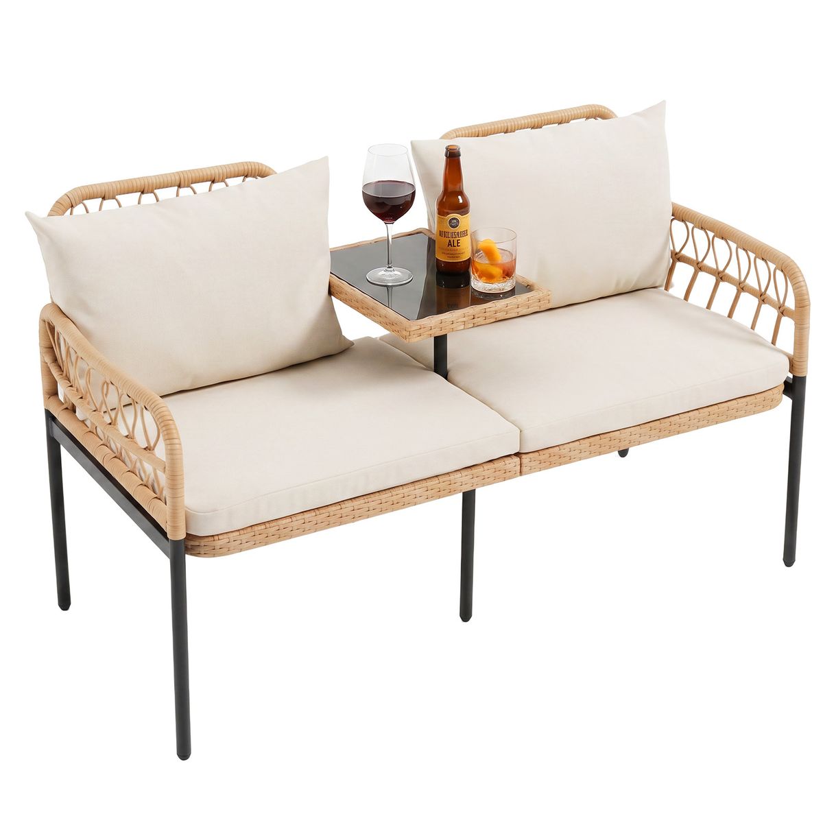 Coast tuinbank met kussens - 2-zits balkonbank - geïntegreerde glastafel - natuurlijk polyrattan - 137 x 64 x 84 cm