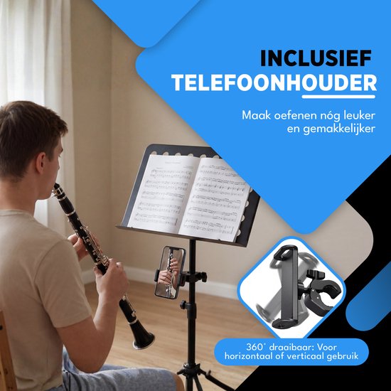 Finesse Muziekstandaard voor Bladmuziek met Telefoonhouder - XL - Opvouwbaar - met Draagtas - voor Tablet - Zwart
