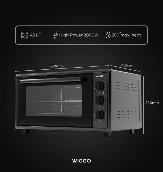 Wiggo WMO-E456(B) - Vrijstaande Mini Oven - Electrisch - 60 CM - 45 liter - 2000 W - 5 Jaar Garantie - Zwart