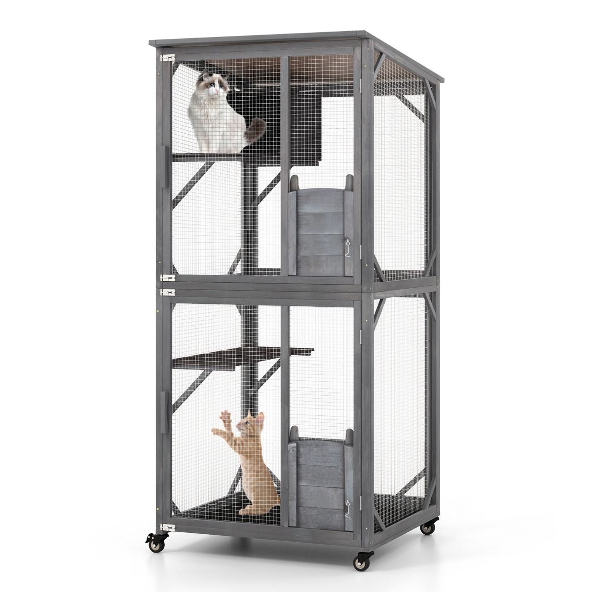 Coast Houten Kattenhuis - Weerbestendig asfaltdak - Met wielen en platforms - Grijs 80 x 70 x 182 cm