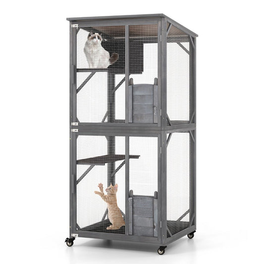 Coast Houten Kattenhuis - Weerbestendig asfaltdak - Met wielen en platforms - Grijs 80 x 70 x 182 cm