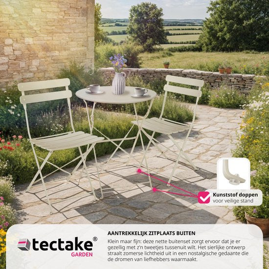 tectake® - Inklapbare bistroset voor 2 personen met stalen frame, tafel en tuinstoelen - Voor balkon en terras - Buitenset - Tuinset - Klaptafel en klapstoelen - elegant design - creme