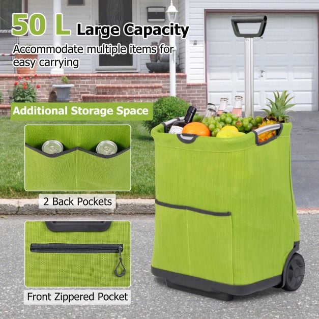 Coast Folding Shopping Cart - 50L capaciteit - Opvouwbaar ontwerp - Aluminium frame - 2 wielen - In hoogte verstelbaar - 3 opbergvakken - Groen