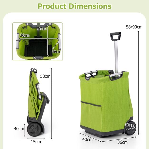Coast Folding Shopping Cart - 50L capaciteit - Opvouwbaar ontwerp - Aluminium frame - 2 wielen - In hoogte verstelbaar - 3 opbergvakken - Groen