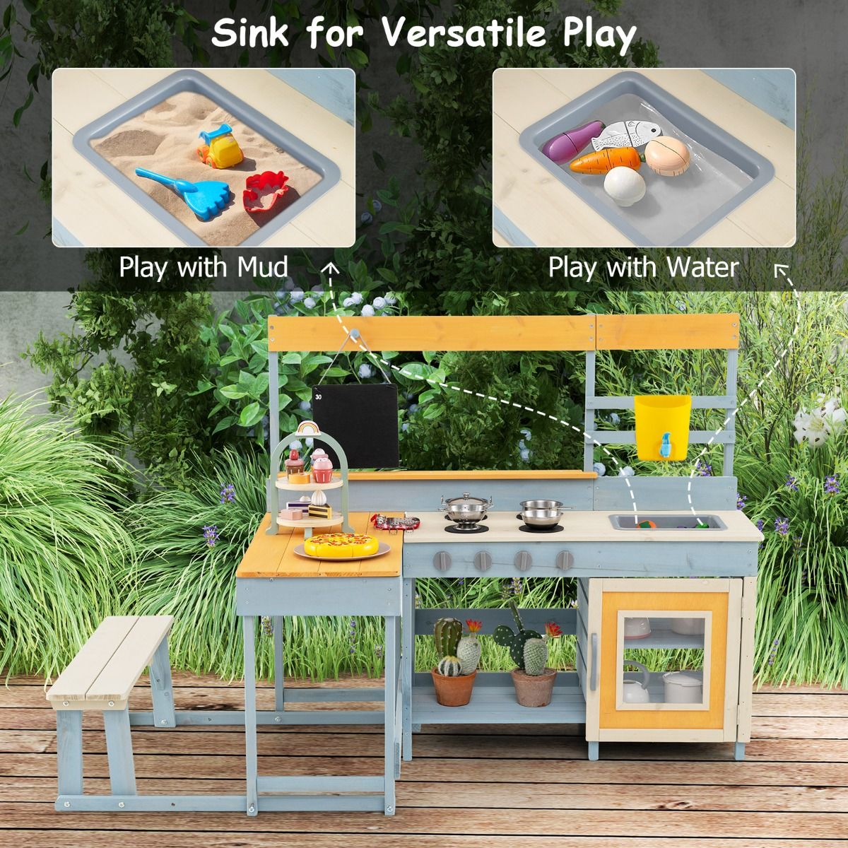 Coast Speelkeuken voor kinderen - 2-in-1 speelkeuken en eethoek - met opbergruimte en accessoires - grijs - 150 x 71 x 99 cm