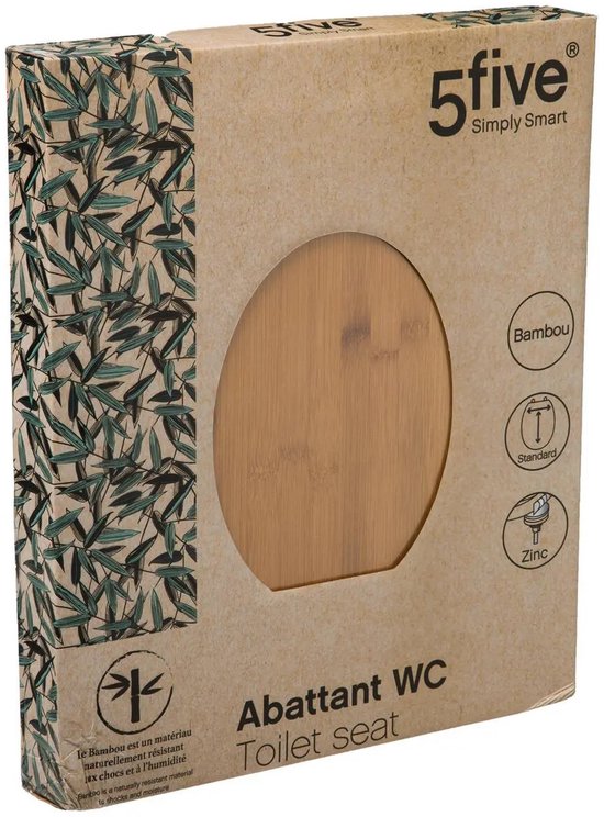5Five Toiletbril Woody - bruin - Bamboe hout - universeel - standaard wc bril - zinken scharnieren