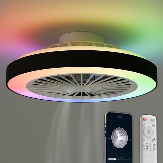 Avacy Plafondventilator met Verlichting - Plafondlamp Ventilator - Plafonniere - LED RGBW - Tuya Wifi Smart - Afstandsbediening - ⌀ 50cm - Zwart