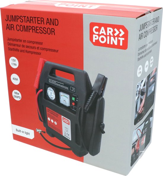 Carpoint Jumpstarter – 12 Volt – Met luchtcompressor - Piekvermogen 400A – Opladen met 230 Volt of 12 Volt adapter – Maximale druk compressor 18 BAR/260 PSI – Ingebouwde LED verlichting – Afmeting 365x345x175mm