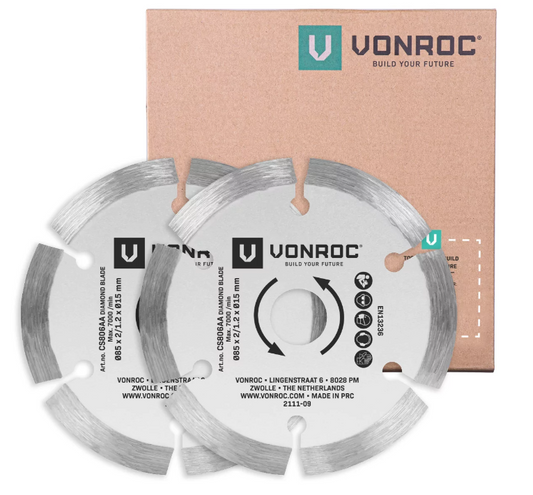 VONROC Diamant zaagbladen voor mini cirkel- en invalzagen – 85x15mm - 2 stuks cirkelzaagbladen – Voor steen en keramiek