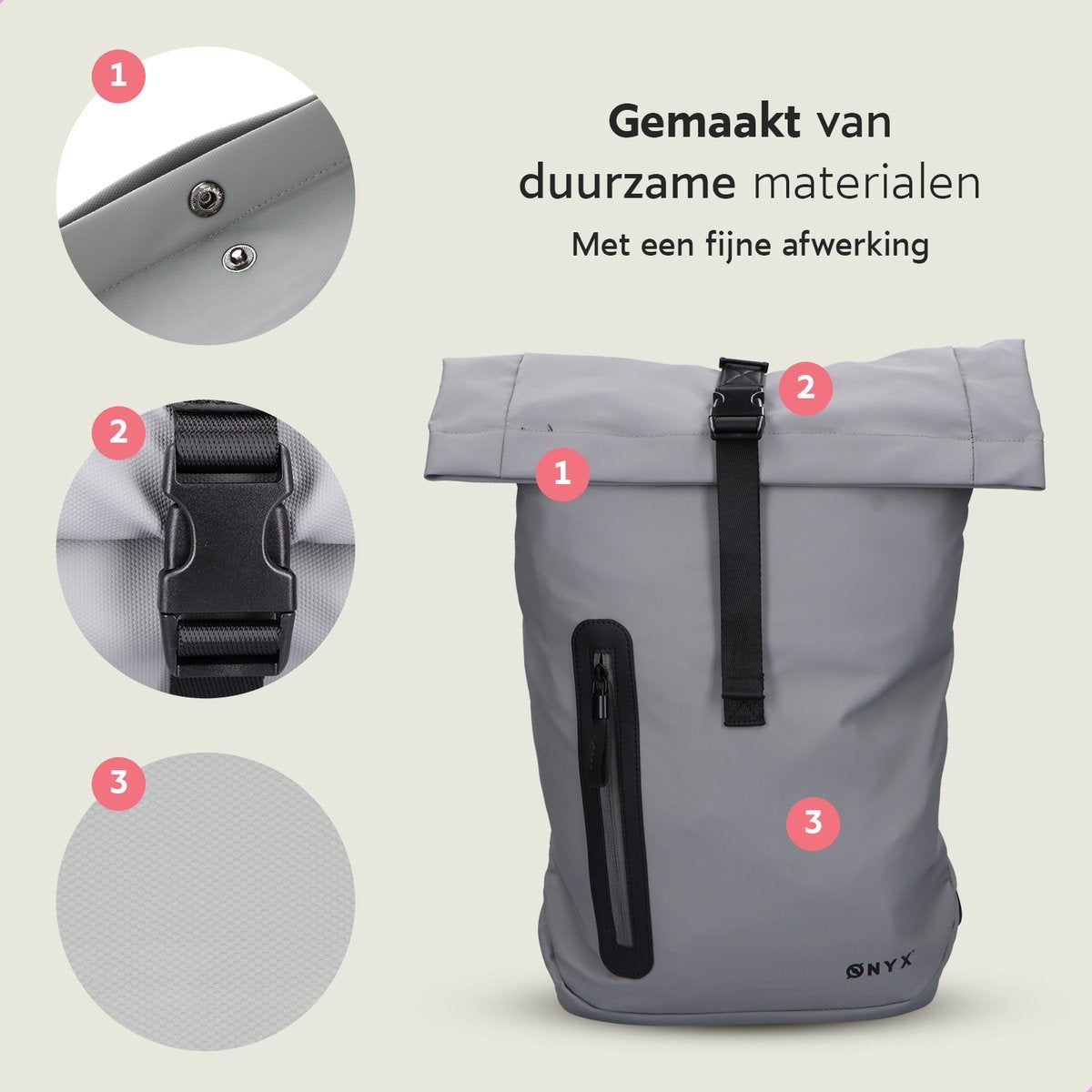 ONYX Rolltop Rugzak 25 tot 40L - Met Laptopvak - Verstelbare Rugtas - Reistas - Waterbestendig en Duurzaam - Grijs
