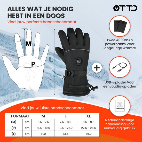 TTD® Verwarmde Handschoenen Oplaadbaar - Maat XL - Elektrische Handschoenen met Verwarming - Verwarmde Wanten - Batterij Verwarmde Handschoenen Heren en Dames - Unisex