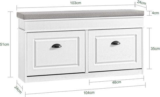 SoBuy FSR64-WG Schoenenkast, schoenenbank, schoenen, entree, 2 kleppen met afneembaar kussen, opbergdoos, rek voor smalle entree, 104 x 24 x 51 cm, antiek houteffect, wit