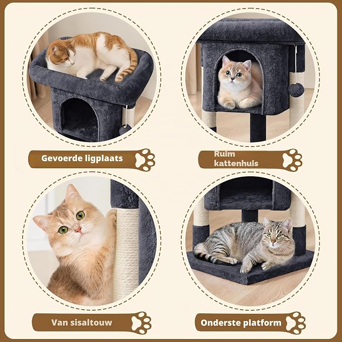 Yaheetech Krabpaal - Zwart - 40,5 x 40,5 x 58 cm - Met Kattenhol, Sisalpalen en Speelbal