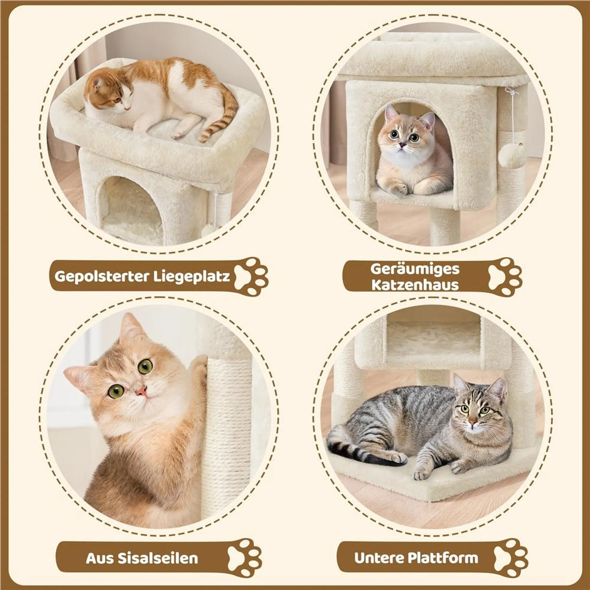 Yaheetech Krabpaal Met Kattenhol – Voorzien Van Sisal Krabpalen En Hangmat En Zachte Ligplek – Voor Kittens En Kleine Katten – Beige Pluche En Spaanplaat – 40,5 x 40,5 x 59 cm