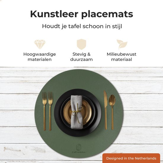 Castagnola Lederlook Placemats - Ronde Placemats - Antislip Placemat van Kunstleer - Waterafstotende Onderlegger - Onderzetter - 6 Stuks - Diameter 38 cm - Groen