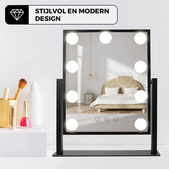 Bayt - Spiegel met Verlichting - Hollywood Spiegel met verlichting - Make up Spiegel met verlichting - Dimbaar - 10x Vergroting - 36 x 30 cm - Zwart