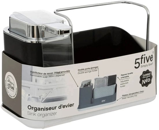 5Five Zeeppompje met keuken aanrecht organiser - zwart - 3 compartimenten - kunststof - 22 x 13 x 14 cm