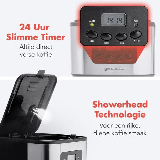 KitchenBrothers Koffiezetapparaat - Koffiemachine incl. Glazen Kan - 1,5L - Herbruikbare filter - Timerfunctie - Zwart/RVS