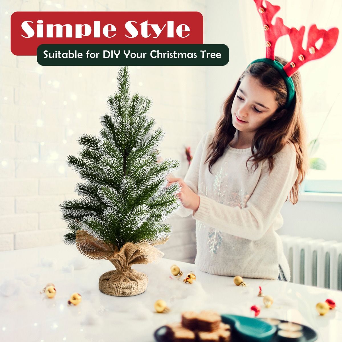 Coast Mini Kunstkerstboom - Tafelmodel met Cementen Standaard - Linnen Doek – 50 cm – Groen met Wit