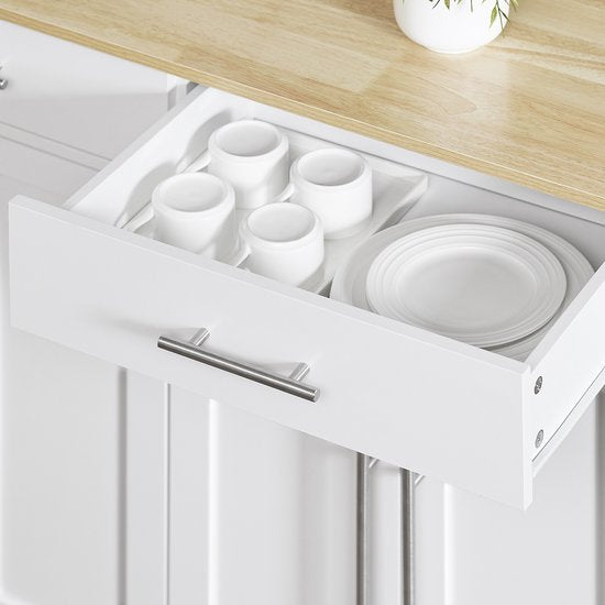 SoBuy FKW129-WN Keukentrolley op Wielen – Keukeneiland met Uitschuifbaar Werkblad, 2 Lades en Verstelbare Planken – Mobiele Keukenwagen of Eettafelkast, Wit 113x91x(44-69) cm