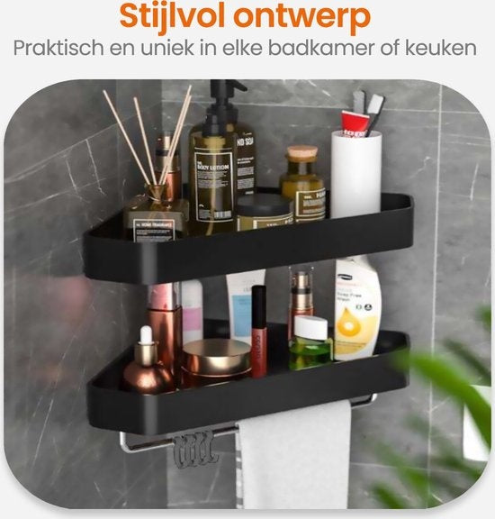 Goliving Doucherek 2 laags - Doucherek zonder boren - Doucherekje hoek - Douchemandje - Badkamerrek - Badkamer accessoires - Zwart
